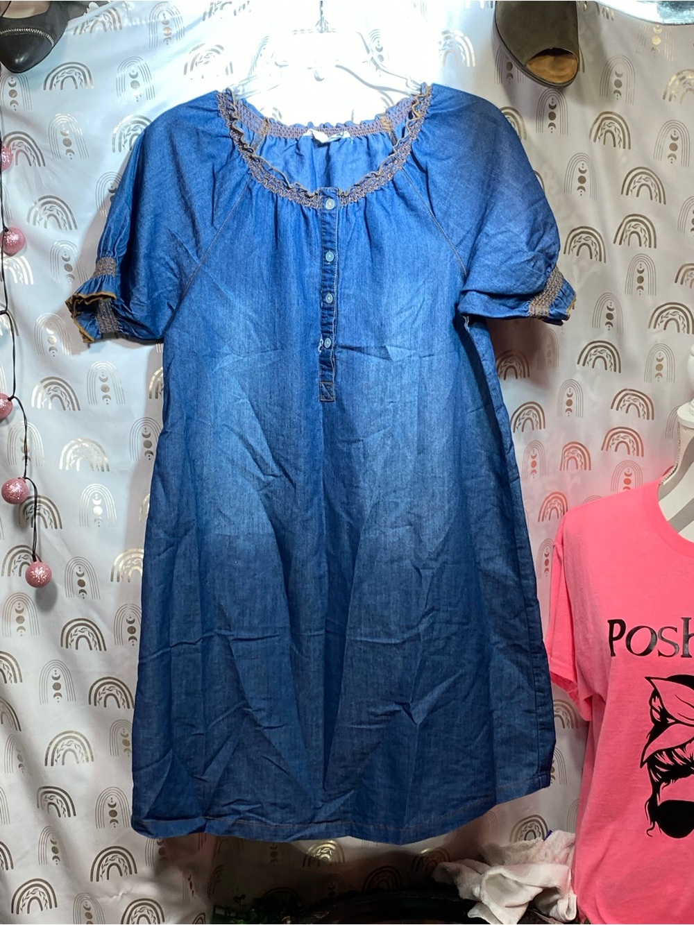 Women's Blue Midi Denim Dress with Crochet Trim